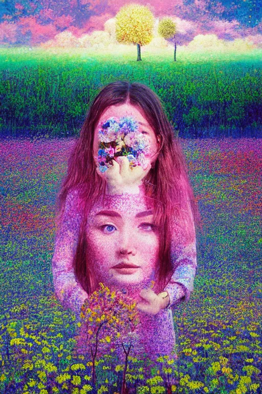 Image similar to flower face, girl standing in flower field, surreal photography, big trees, sunrise dramatic light, impressionist painting, colorful clouds, digital painting, pointillism, artstation, simon stalenhag