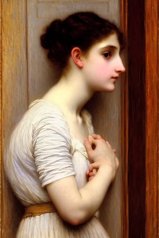Image similar to girl in thought by auguste toulmouche and bouguereau, clear face, perfect detailed eyes, fireplace lighting, beautiful hands, pale skin, blonde hair, leaning on door