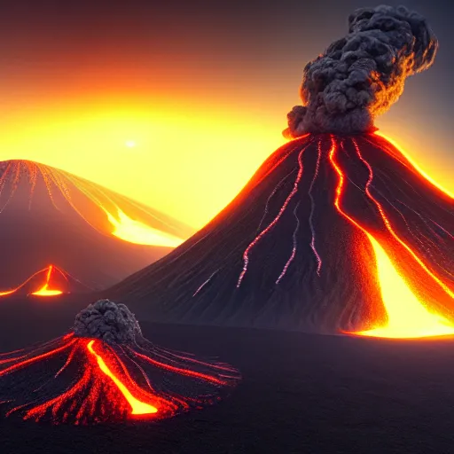 Image similar to 3 d virtual landscape painting, amazing volcanic eruption, three point lighting, by yuumei, bayard wu, wlop, tim white, ross tran, 4 k