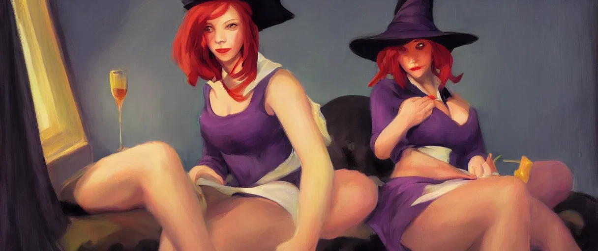 Image similar to a realistic flirty witch portrait, by edward hopper, new artstation artist,