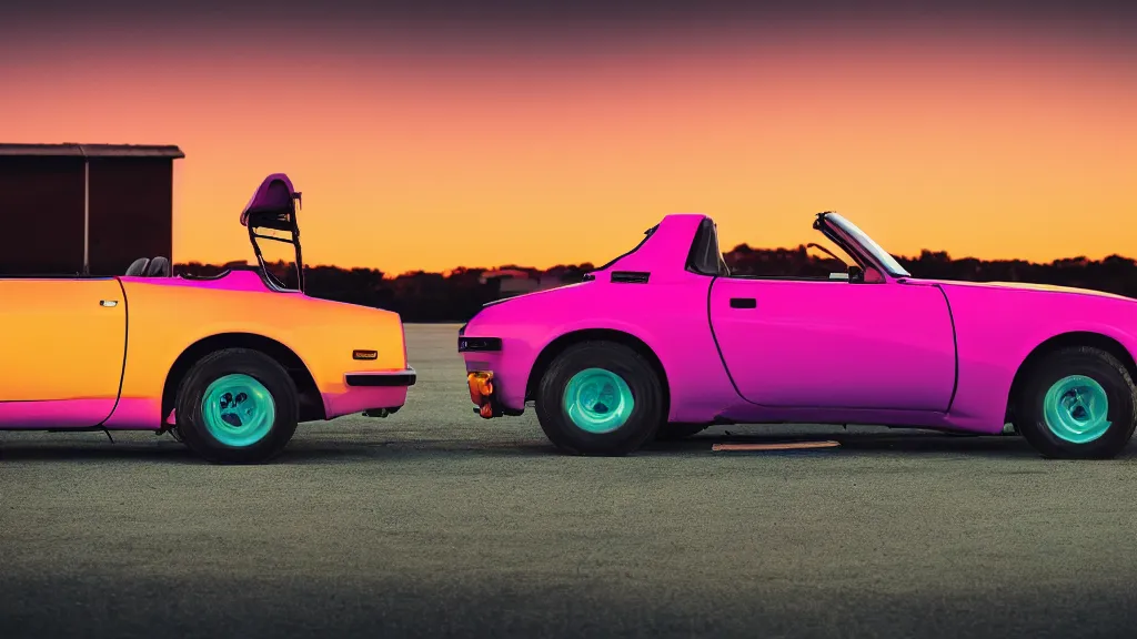 Image similar to neon synthwave datsun fairly roadster, at sunset, 8 k. filling most of the view