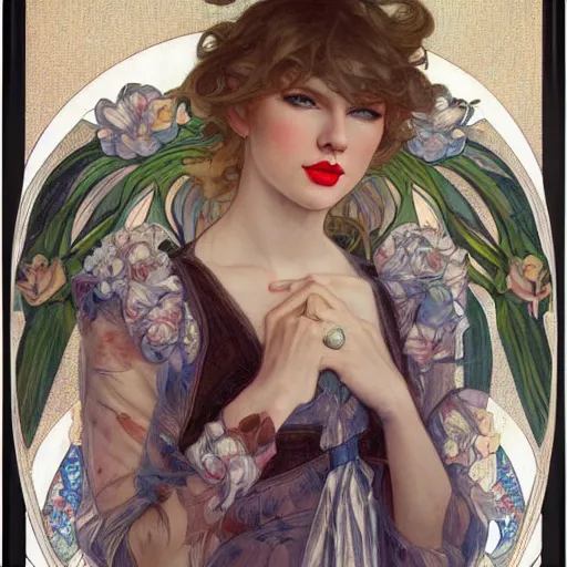 Image similar to romantic painted portrait of taylor swift by james jean, mucha