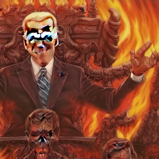 Image similar to Joe Biden sitting on a throne of skulls surrounded by fire, digital painting, highly detailed, trending on Artstation