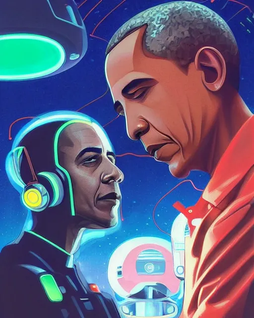 Image similar to obama as future coder man looking on, sleek cyclops display over eyes and sleek bright headphoneset, neon accent lights, holographic colors, desaturated headshot portrait digital painting by dean cornwall, rhads, john berkey, tom whalen, alex grey, alphonse mucha, donoto giancola, astronaut cyberpunk electric