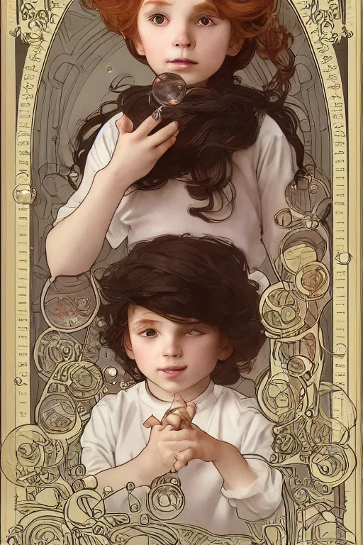 Image similar to a little boy with ginger hair chasing bubbles. clean elegant simple illustration, beautiful detailed face. by artgerm and greg rutkowski and alphonse mucha