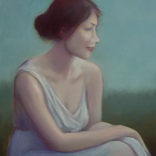 Image similar to This conceptual art captures the beauty and mystery of the woman sitting before us. Her enigmatic smile and gaze seem to invite us into her world, and we cannot help but be drawn in. The softness of her features and the delicate way she is dressed make her seem almost ethereal. The background landscape adds to the feeling of distance and mystery, making us wonder what secrets this woman holds. cerulean by Sunil Das, by Lori Earley monumental