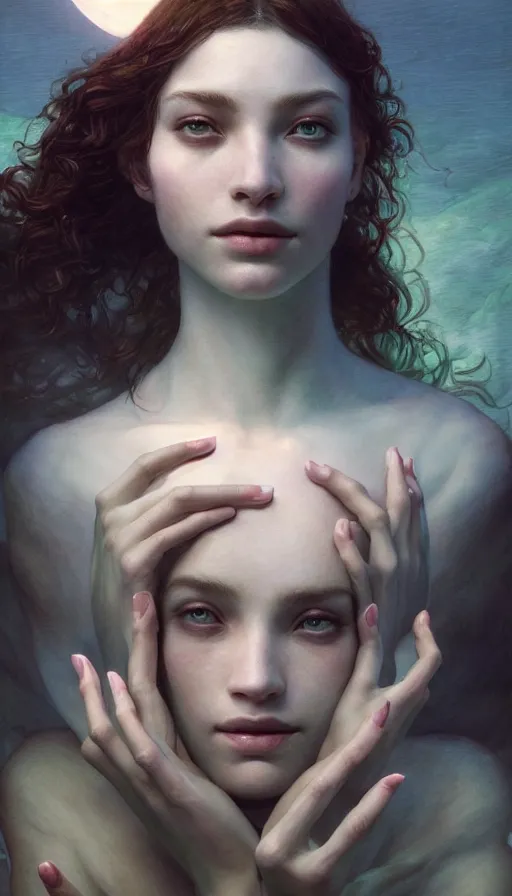 Image similar to epic masterpiece sweet dreams, sweaty skin, hyperrealistic, octane render, cinematic, night, moon, beautiful face and flawless skin, perfect hands, 5 fingers, emerald by Edgar Maxence and Ross Tran and Michael Whelan, Lorenzo Sperlonga Legends of Runeterra