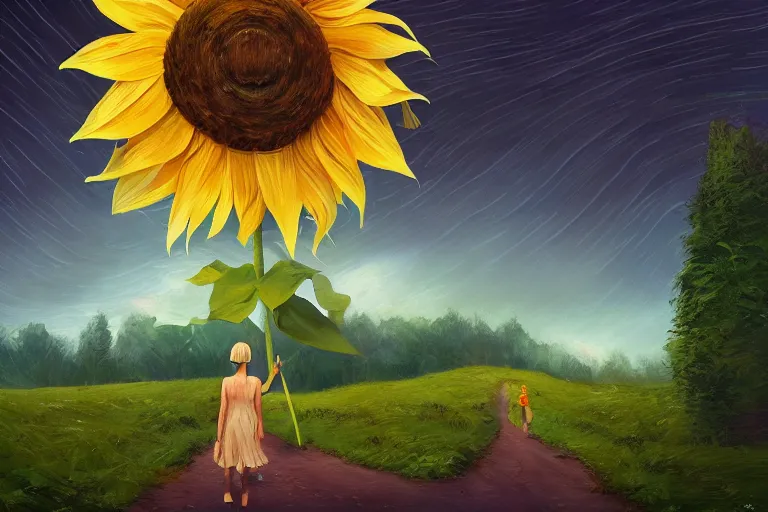 Image similar to giant sunflower as a face, girl walking between big trees, hills, surreal photography, dark night, star trails, dramatic light, impressionist painting, clouds, digital painting, artstation, simon stalenhag