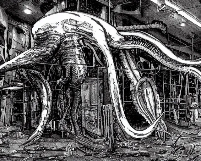 Prompt: camera footage of a extremely aggressive Giant mutated Octopus with glowing white eyes, Human Features, Teeth, in an abandoned shopping mall, Psychic Mind flayer, Terrifying, Silhouette :7 , high exposure, dark, monochrome, camera, grainy, CCTV, security camera footage, timestamp, zoomed in, Feral, fish-eye lens, Fast, Radiation Mutated, Nightmare Fuel, Ancient Evil, Bite, Motion Blur, horrifying, lunging at camera :4 bloody dead body, blood on floors, windows and walls :5