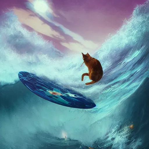 Prompt: A mixed media painting of cat surfing big waves, by Frank Frazetta, Greg Rutkowski, Beeple, kawaii, post-processing, low angle, masterpiece, cinematic, isometric, volumetric lighting
