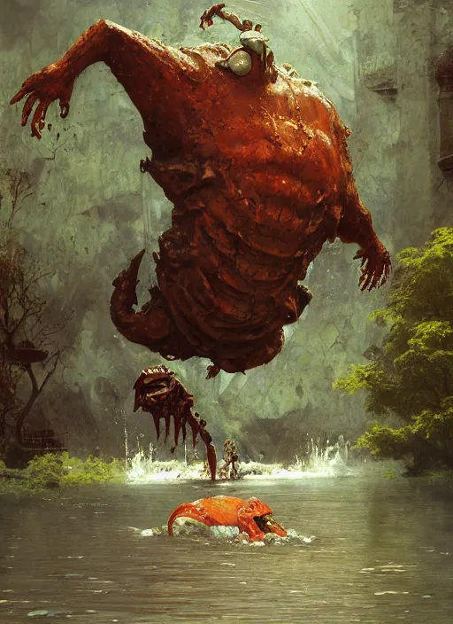 Image similar to huge towering alien brute beautiful demon emerging from lake on sunny day, splashing, partially submerged, water cascading, by sergey kolesov and lawrence alma tadema and norman rockwell and greg staples and craig mullins and john berkey and ruan jia, artstation creature art