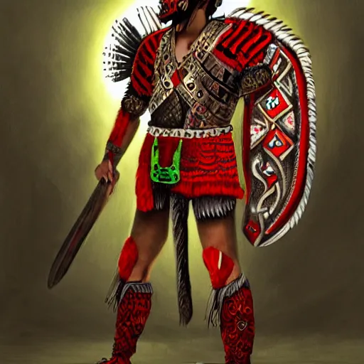 Image similar to mexican indigenous warrior in a ornated armor preparing for war, full body, dynamic pose, red and white and green neon, concept art, intricate details, highly professionally detailed, cgsociety, highly detailed -