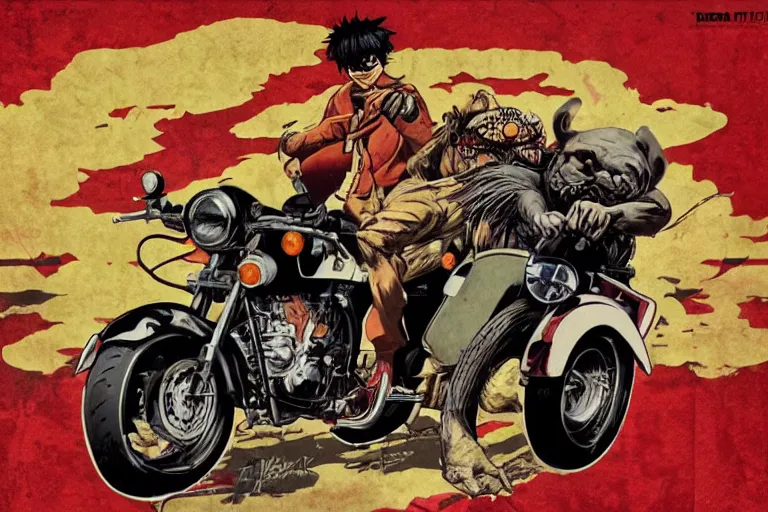 Image similar to pizza the hut, akira's motorcycle, gorillaz, poster, high quality