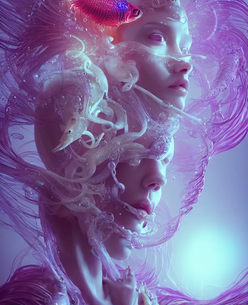 Image similar to goddess close-up portrait. chimera orchid jellyfish phoenix head, nautilus, skull, betta fish, bioluminiscent creatures, intricate artwork by Tooth Wu and wlop and beeple. octane render, trending on artstation, greg rutkowski very coherent symmetrical artwork. cinematic, hyper realism, high detail, octane render, 8k