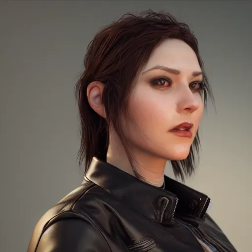 Image similar to a portrait of a female wearing a leather jacket, trending on artstation, artstationhd, artstationhq, cycles render, octane render, unreal engine, vray