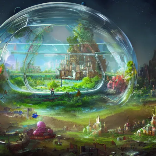 Image similar to a bubble terrarium utopia, with cities galore, dynamic lighting, fantasy concept art, trending on art station, stunning visuals, creative, cinematic, ultra detailed