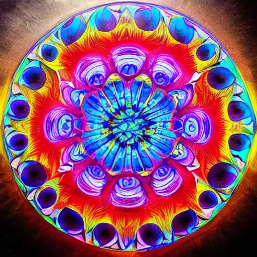 Prompt: “Four dimensional lotus mandala. Brightly coloured dripping Psychedelic kaleidoscope art, prize winning high definition linework structure, oil on water colour rainbow”