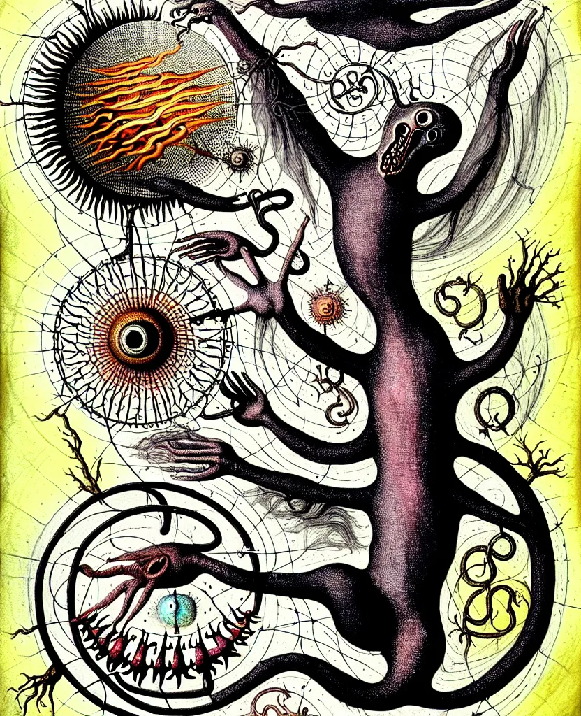 Image similar to whimsical freaky creature sings a unique canto about'as above so below'being ignited by the spirit of haeckel and robert fludd, breakthrough is iminent, glory be to the magic within, painted by ronny khalil