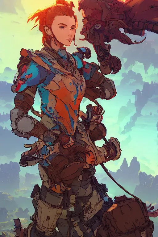 Image similar to combination suit armor aloy horizon forbidden west horizon zero dawn robot ninja mask helmet backpack tribal, art gta 5 comics, official fanart behance hd artstation by jesper ejsing, by rhads, makoto shinkai and lois van baarle, ilya kuvshinov, ossdraws radiating a glowing aura cgi rtx 2 0 2 2