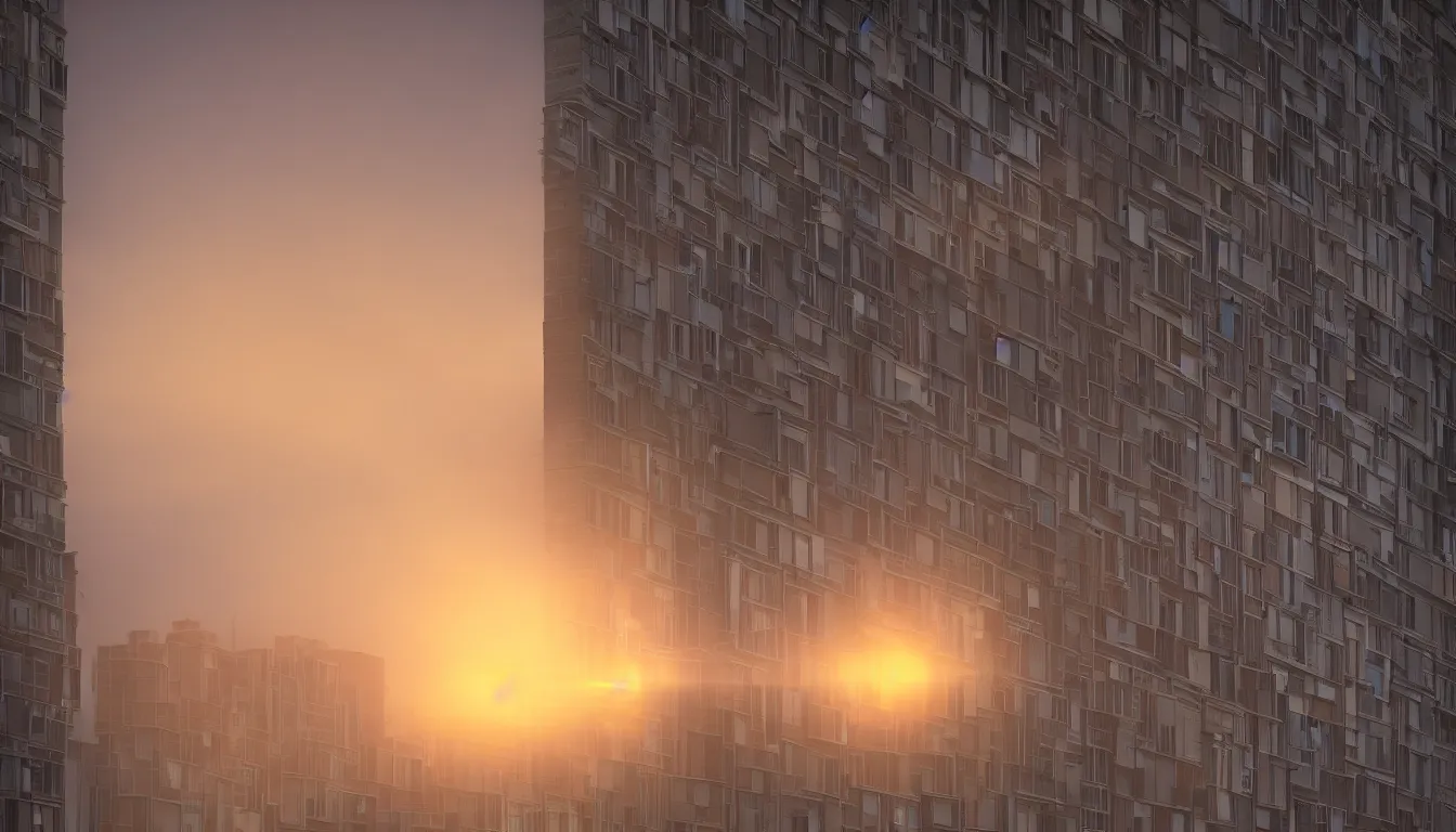 Prompt: Spying into the windows of a small tower block from outside , windows full of the private lives of the human inhabitants, volumetric lighting shines through the misty sunset sky , full color , 4K