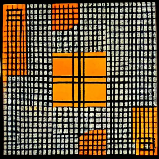 Image similar to an abstract painting of symmetric squares, circles and triangles in black, orange and yellow, inspired by piet mondrian