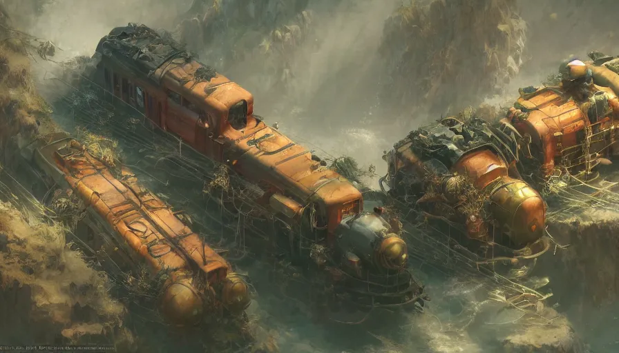 Image similar to craig mullins and ghibli digital illustration of a dragons entwine train, ocean depths, corals and schools of fish unreal engine, hyper realism, realistic shading, cinematic composition, realistic render, octane render, detailed textures, photorealistic, wide shot