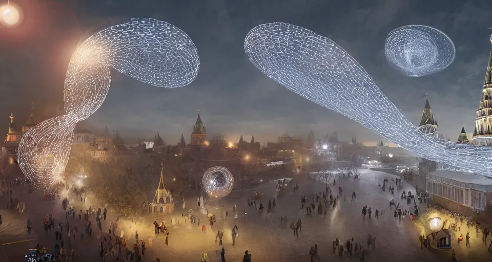 Prompt: pepople and a spiral - shaped white luminous attractor is floating near kremlin, concept art, art for the game, professional lighting, art