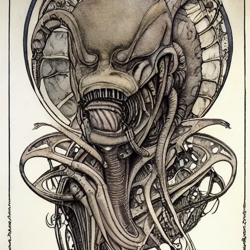 Prompt: a detailed, intricate watercolor and ink art nouveau portrait illustration with fine lines of h. r. giger's xenomorph alien head and torso, by arthur rackham and edmund dulac and lisbeth zwerger and alphonse mucha