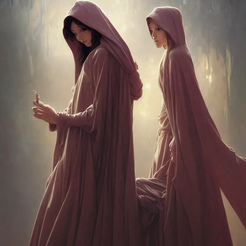 Image similar to Portrait of a young woman wearing a hooded robe, non-centered shot, unique pose, intricate, elegant, highly detailed, digital painting, artstation, concept art, smooth, sharp focus, illustration, art by artgerm and greg rutkowski and alphonse mucha, by beksinski