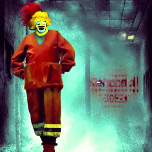 Prompt: Ronald McDonald in silent hill style. Creator is Paul Lehr