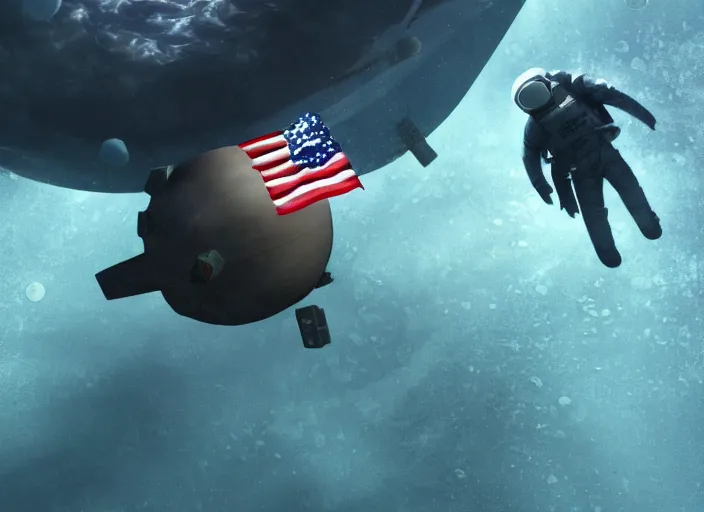 Prompt: astronaut underwater putting a flag on the sand in the bottom of the ocean. in the background, a spherical submarine is visible. dark, concept art, cinematic, dramatic, atmospheric, 8 k, trending on artstation, zack snyder