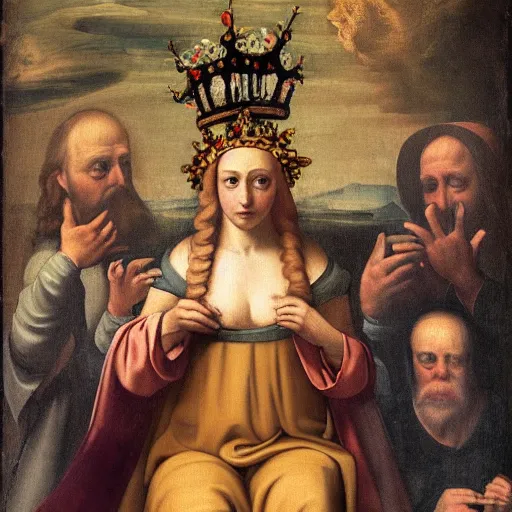 Prompt: renaissance painting of a minion wearing a crown