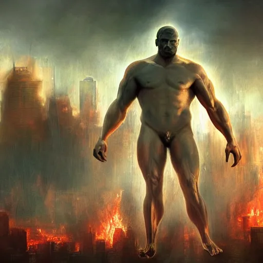 Prompt: a one hundred foot tall muscular warrior towering over a city engulfed in flames, artstation hall of fame gallery, editors choice, #1 digital painting of all time, most beautiful image ever created, emotionally evocative, greatest art ever made, lifetime achievement magnum opus masterpiece, the most amazing breathtaking image with the deepest message ever painted, a thing of beauty beyond imagination or words, 4k, highly detailed, cinematic lighting