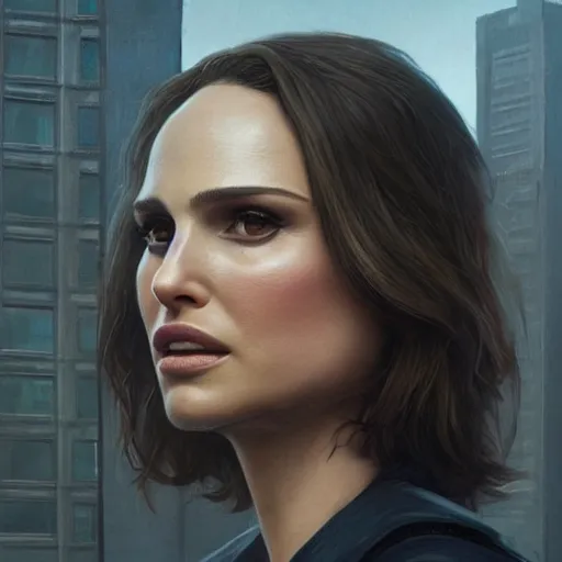 Image similar to closeup portrait of natalie portman, blunt bob, hitman, city background, dramatic light, gorgeous view, depth, high detail, digital art, painted by greg rutkowski and seb mckinnon, by tim burton, trending on artstation