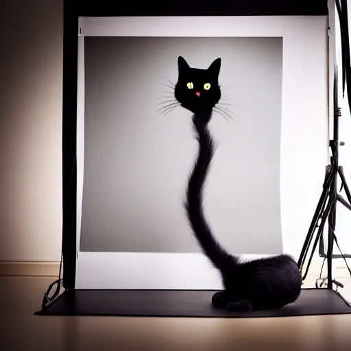 Prompt: black cat sitting in a photo studio, photorealistic