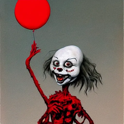 Prompt: grunge painting of elmo with a wide smile and a red balloon by Zdzisław Beksiński, loony toons style, pennywise style, corpse bride style, creepy lighting, horror theme, detailed, elegant, intricate, conceptual, volumetric light