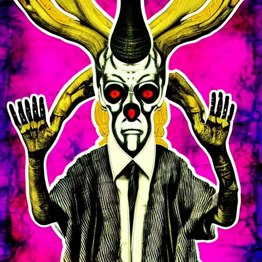 Prompt: graphic illustration, creative design, baphomet with aleister crowley, biopunk, francis bacon, highly detailed, hunter s thompson, mixed media