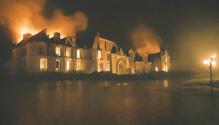Image similar to 1 9 7 0 s movie still of a heavy burning french style manor in a small french village by night, rainy, foggy, cinestill 8 0 0 t 3 5 mm, heavy grain, high quality, high detail, dramatic light, anamorphic, flares