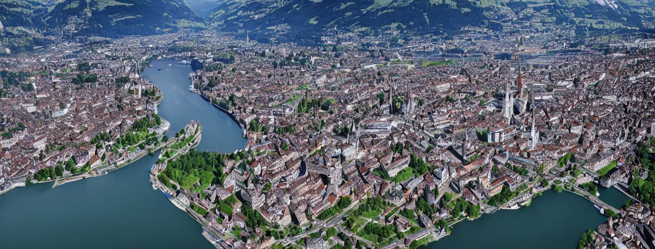 Image similar to Photo of Zurich, looking down the river at the lake and the alps, Hardturm, Grossmünster, wide angle, volumetric light, hyperdetailed, mountain water, artstation, cgsociety, 8k