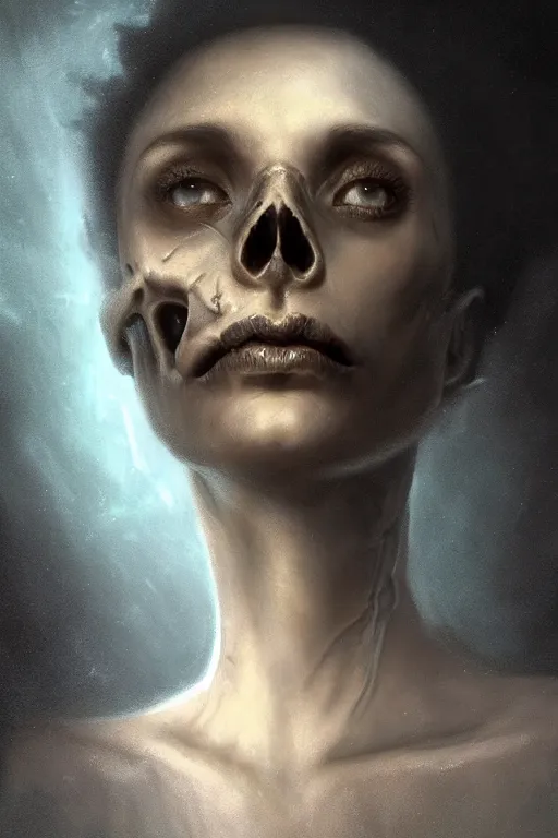 Image similar to a human skull floating in deep dark murky water!!!, underwater atmospheric moody, dark surreal mood! cinematic volumetric lights, bust portrait, dnd, fantasy, intricate, elegant, highly detailed, digital painting, artstation, concept art, smooth, sharp focus, illustration, art by artgerm and tom bagshaw and greg rutkowski and alphonse mucha