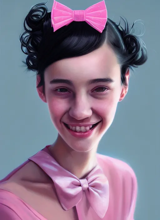 Image similar to portrait of high school girl, realistic, black hair, bangs, half updo hairstyle, pointy nose, skinny, smile, ugly, defined jawline, big chin, pink hair bow, earrings, intricate, elegant, glowing lights, highly detailed, digital painting, artstation, sharp focus, illustration, art by wlop, mars ravelo and greg rutkowski