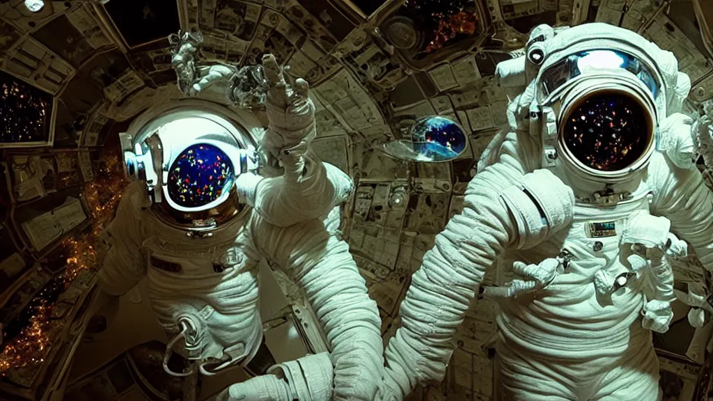 Image similar to a astronaut eva suit covered in diamond 3d fractal lace iridescent bubble 3d skin and covered with insectoid compound eye camera lenses floats through the living room, film still from the movie directed by Denis Villeneuve with art direction by Salvador Dalí, wide lens,