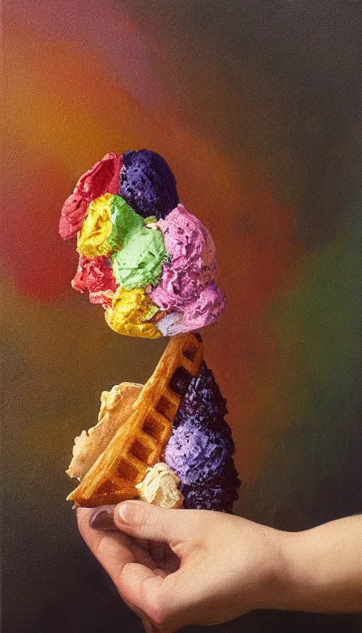 Prompt: still-life painting of a hand holding a waffle cone containing 3 scoops of colorful gelato by Peder Krøyer, lush garden, golden hour, dramatic lighting, volumetric lighting, intricate detail, canvas print