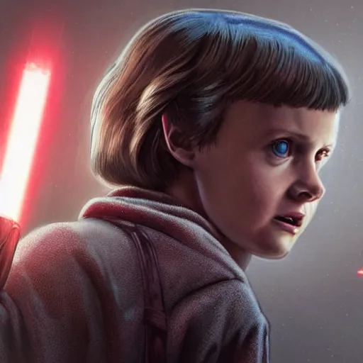 Image similar to Concept art, Eleven from 'Stranger Things' Season 3 (2019), with long hair, as Obi-Wan Kenobi, wearing Jedi robes, holding a lightsabre
