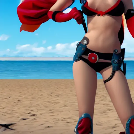 Image similar to harley quinn at the beach 4 k detailed super realistic