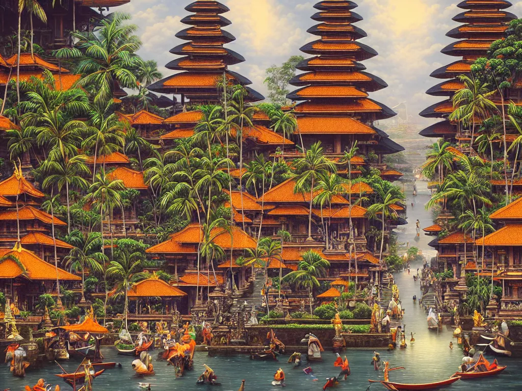 Prompt: hyperrealistic painting of bali, mechanical designs, temples and palms, technological, detailed engineering, vivid color, elegant, meticulous, cinematic, cyberpunk style, highly detailed, realism, intricate, acrylic on canvas, 8 k resolution, concept art, by noriyoshi ohrai, francesco di giorgio martini