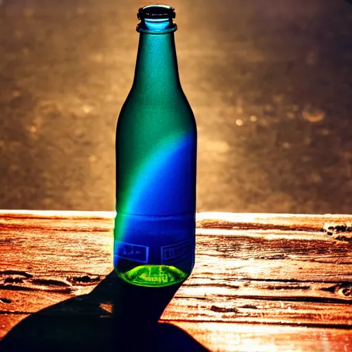 Image similar to intricate, mesmerizing light refractions seen through a moving, half full Club Mate bottle, photograph, sunshine, alternativ techno club