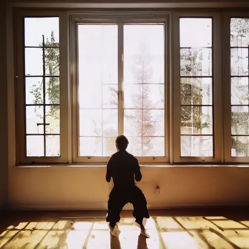 Image similar to person in pyjamas standing near window, turned back to camera, cinematography, sun rays, daylight, big french door window, windowsill, big spatious room, carpet at the floor, wide shot, furnished room, anamorphic shot lens, window at the center, wooden floor, modern, winter sun, photorealistic, high ceiling