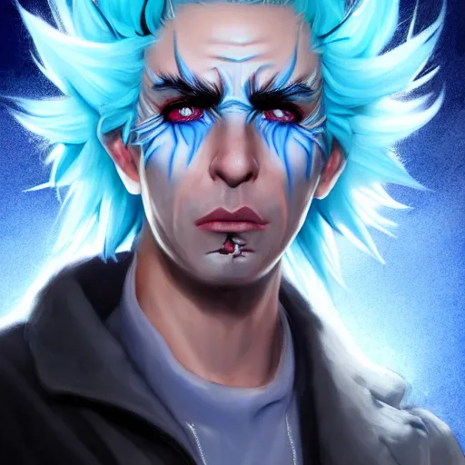 Image similar to Rick Sanchez, perfect eyes, spikey blue hair, white lab coat, full body shot, butcher, fantasy, beautiful face, medieval, vivid colors, elegant, concept art, sharp focus, digital art, Hyper-realistic, 4K, Unreal Engine, Highly Detailed, HD, Dramatic Lighting by Brom, trending on Artstation