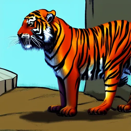 Prompt: A standing tiger showing off his muscles, featured on DeviantArt, FurAffinity